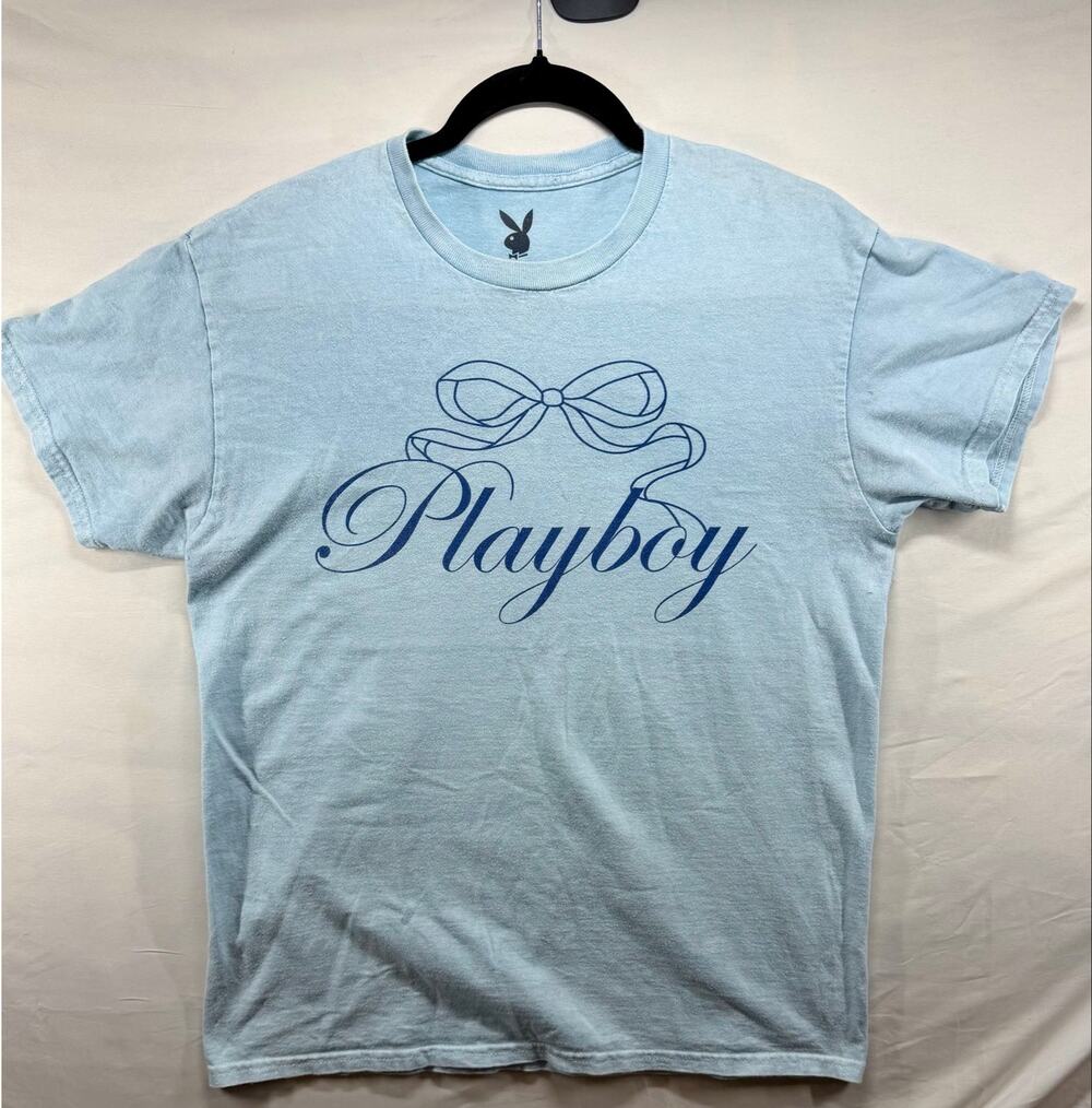 Playboy Light Blue Ribbon Bow Graphic T-Shirt Coquette Y2K - Women M